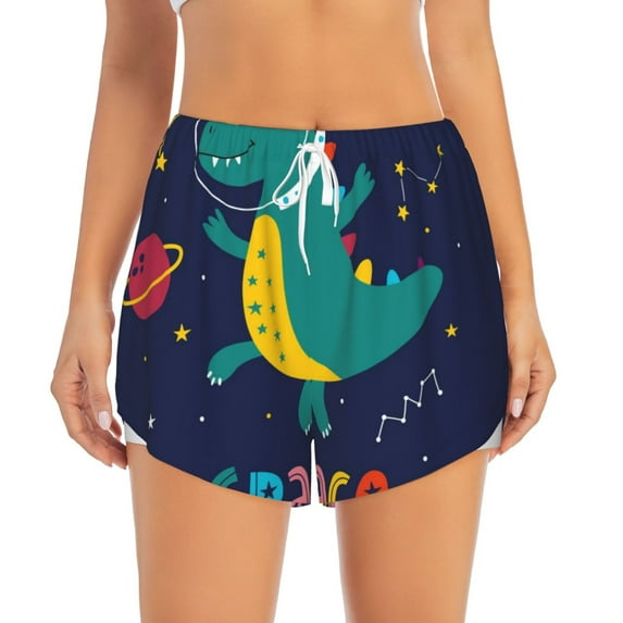 Haiem Dinosau Space Explorer Women's 2 in 1 Running Shorts - Lightweight Athletic Workout Gym Yoga Breathable Sports Shorts Liner with Phone Pockets-Large