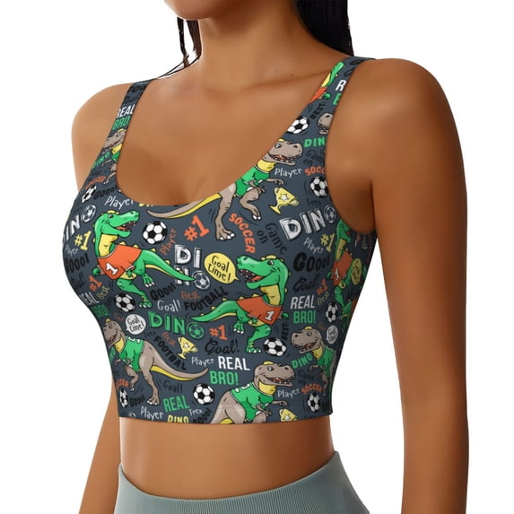 Haiem Dinosaur Plays Soccer Pattern Womens Sports Bra - U Neck Padded Low Impact Yoga Bra Workout Crop Top Gym Moisture-Wicking Workout Vest -Small