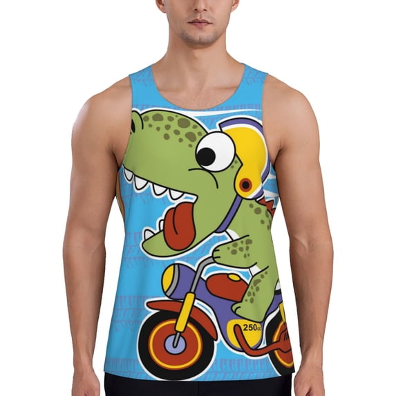 Haiem Dinosaur Riding a Motorcycle Men Workout Tank Top Gym Bodybuilding Sleeveless Muscle T Shirts Athletic Tank Breathable Workout Shirt-X-Large