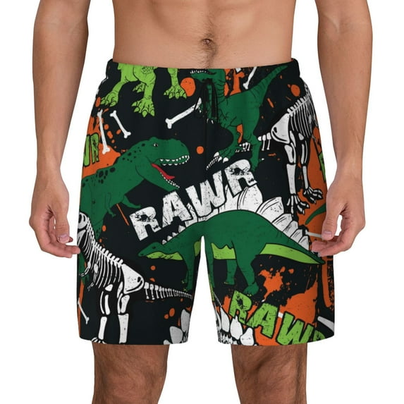 Haiem Dinosaur Skeleton Mens Swim Trunks with Compression Liner 2 in 1 Swimming Shorts Stretch Swimwear Quick Dry,Board Shorts-Large