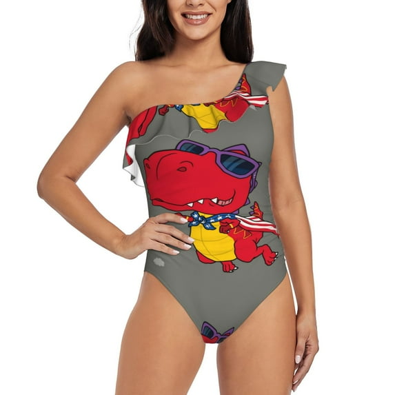 Haiem Dinosaur Super Hero Cartoon Women's One Piece Swimsuits Tummy Control One Shoulder Bathing Suits Ruffle Swimwear-Small