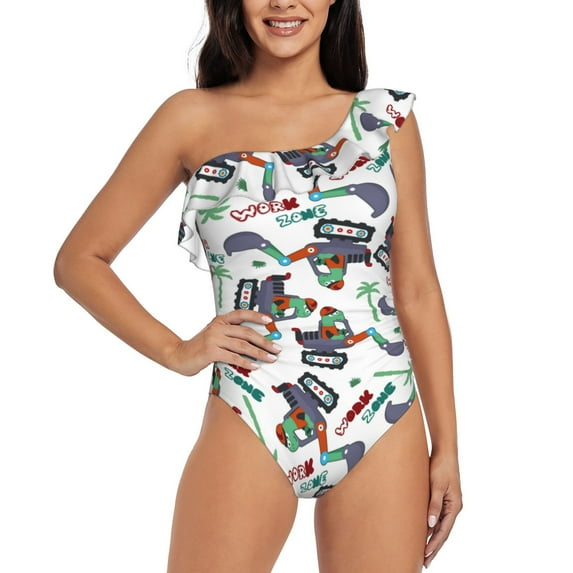 Haiem Dinosaur on Excavator2 Women's One Piece Swimsuits Tummy Control One Shoulder Bathing Suits Ruffle Swimwear-Large