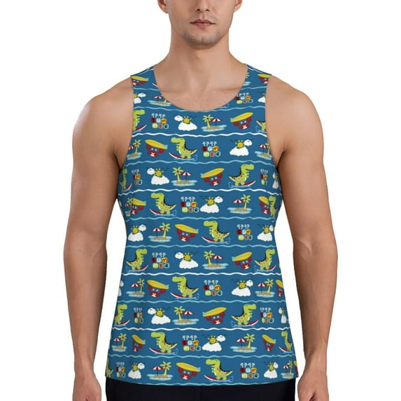Haiem Dinosaur on the Beach Vacation Men Workout Tank Top Gym Bodybuilding Sleeveless Muscle T Shirts Athletic Tank Breathable Workout Shirt-XX-Large