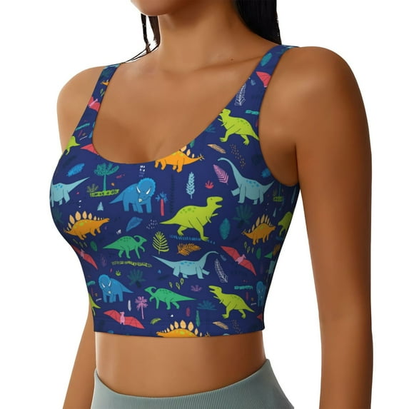 Haiem Dinosaurs Adventure Pattern Womens Sports Bra - U Neck Padded Low Impact Yoga Bra Workout Crop Top Gym Moisture-Wicking Workout Vest -Small
