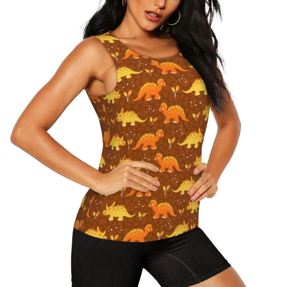 Haiem Dinosaurs and Leaves Workout Tank Tops for Women, Athletic Sports Slim-Fit Tank Tops, Compression Sleeveless Dry Fit Shirts,Athletic Shirt-XX-Large