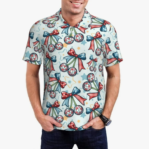 Haiem Disco Ball Cherry With Bow Pattern Mens Polo Shirts Quick Dry Short Sleeve Golf T Shirt Performance Moisture Wicking Casual Workout-Medium
