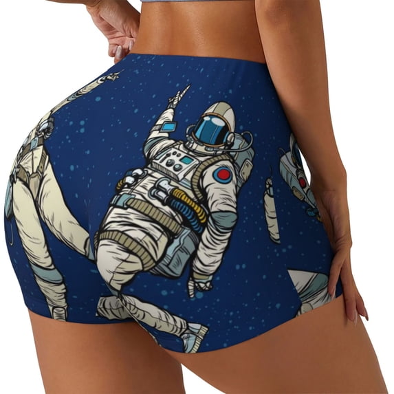 Haiem Disco party Astronaut Dancing No Front Seam Biker Shorts for Women Yoga Workout Gym Bike Shorts with Tummy Control Moisture-Wicking-X-Large