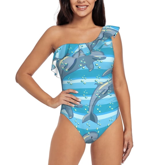 Haiem Dolphin Women's One Piece Swimsuits Tummy Control One Shoulder Bathing Suits Ruffle Swimwear-Small