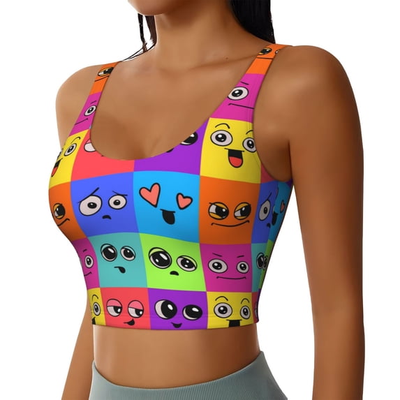Haiem Doodle Faces Emotions Pattern Womens Sports Bra - U Neck Padded Low Impact Yoga Bra Workout Crop Top Gym Moisture-Wicking Workout Vest -Small