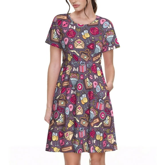 Haiem Doodles Wedding Pattern Women's Short-Sleeve Scoop Neck Swing Dress