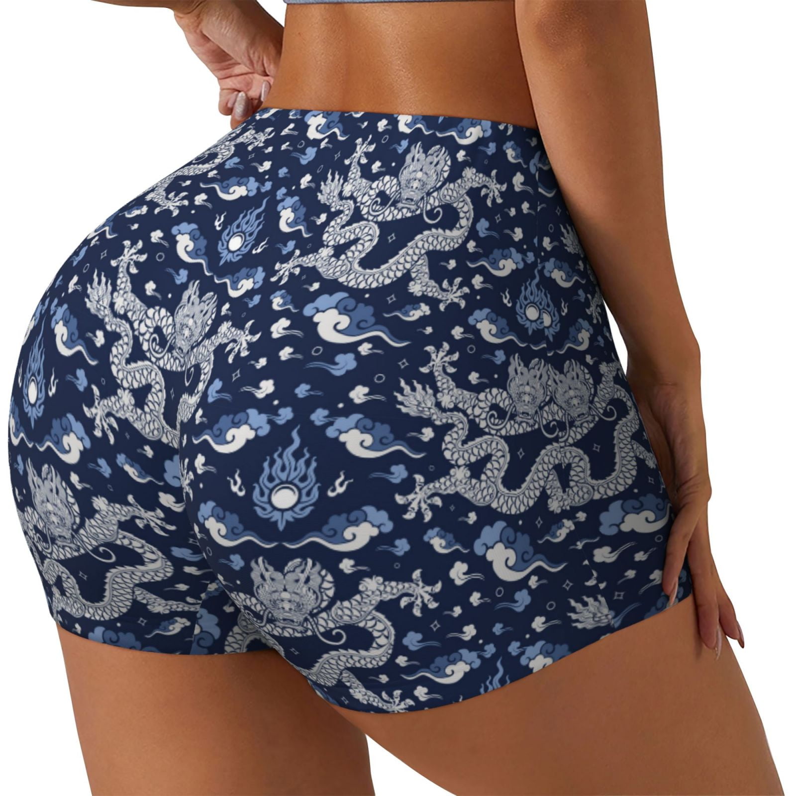 Haiem Dragon No Front Seam Biker Shorts for Women Yoga Workout Gym Bike Shorts with Tummy