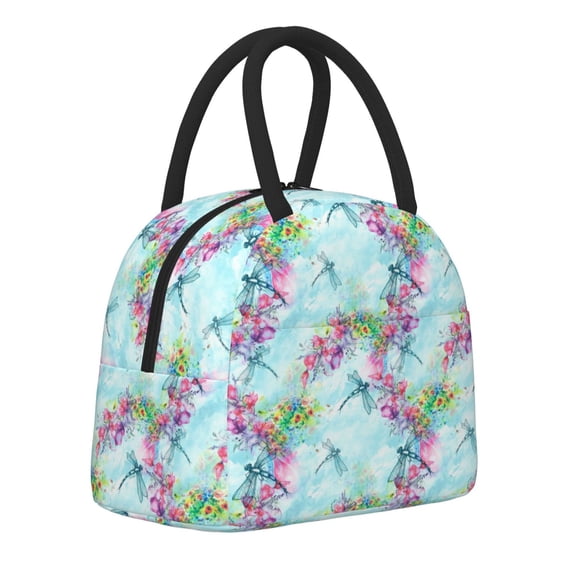 Haiem Dragonfly Floral Printed Lunch Bag Women, Lunch Box Lunch Bag for Women, Small Leakproof Cute Lunch Tote Large Capacity Reusable Insulated Cooler Lunch Container