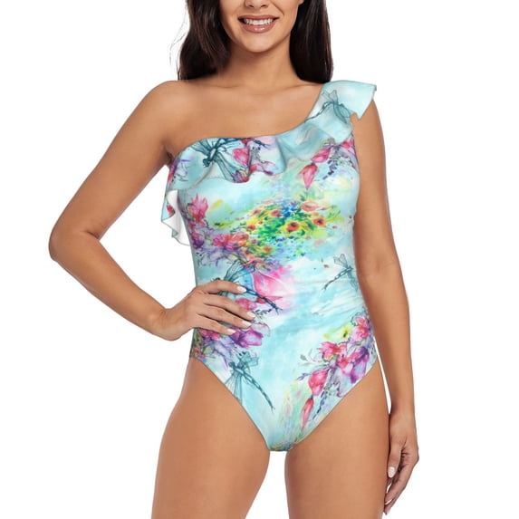 Haiem Dragonfly Floral Women's One Piece Swimsuits Tummy Control One Shoulder Bathing Suits Ruffle Swimwear-Medium