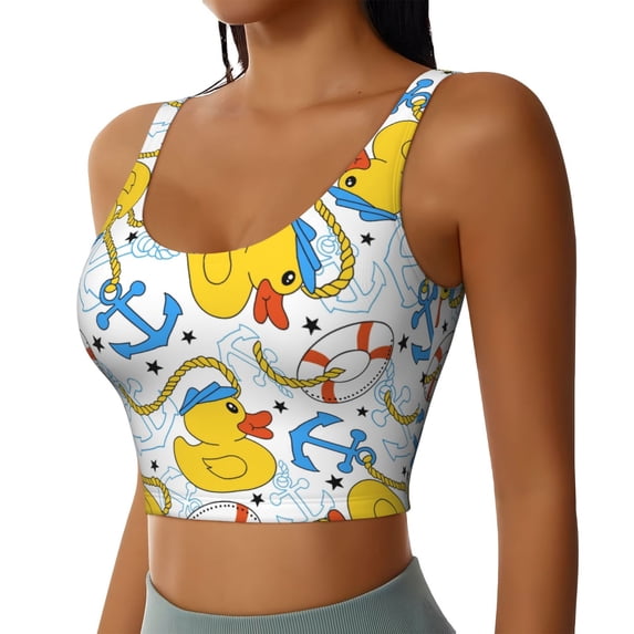 Haiem Ducks and Anchors Pattern Womens Sports Bra - U Neck Padded Low Impact Yoga Bra Workout Crop Top Gym Moisture-Wicking Workout Vest -Large