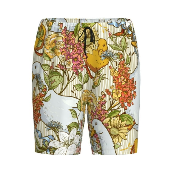 Haiem Ducks and Flowers Men's Pajama Short with Soft Woven Cotton Elastic Waistband Sleep Short-Small