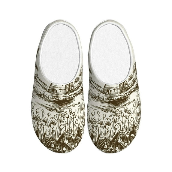 Haiem Dutch Windmill Print Women's Fuzzy Memory Foam House Slipper Cozy Home Footwear Non-slip Winter Slippers-44/45