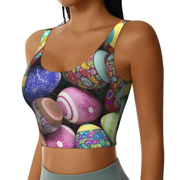 Haiem Easter Eggs1 Pattern Womens Sports Bra - U Neck Padded Low Impact Yoga Bra Workout Crop Top Gym Moisture-Wicking Workout Vest -