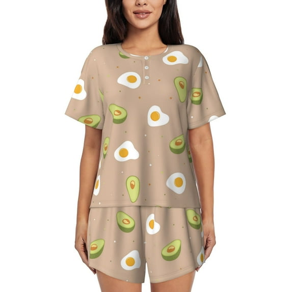 Haiem Egg and Avocado Pattern Pajama Set for Women 2 Piece Lounge Set Short Sleeve Tops and Shorts Soft Sleepwear-Large