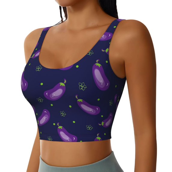 Haiem Eggplant Pattern Womens Sports Bra - U Neck Padded Low Impact Yoga Bra Workout Crop Top Gym Moisture-Wicking Workout Vest -Medium