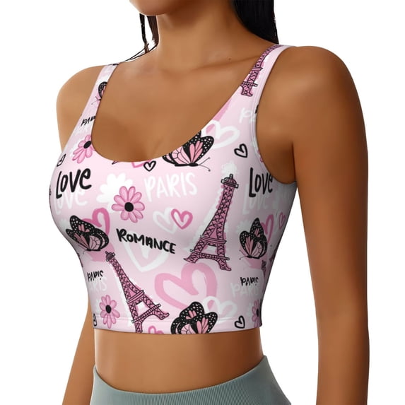Haiem Eiffel Tower and Butterflies Pattern Womens Sports Bra - U Neck Padded Low Impact Yoga Bra Workout Crop Top Gym Moisture-Wicking Workout Vest -XX-Large