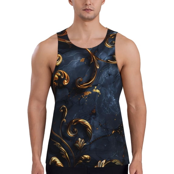 Haiem Elegant Gold Scrollwork Men Workout Tank Top Gym Bodybuilding Sleeveless Muscle T Shirts Athletic Tank Breathable Workout Shirt-Small