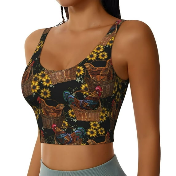 Haiem Embroidery Chicken Rooster And Sunflowers Pattern Womens Sports Bra - U Neck Padded Low Impact Yoga Bra Workout Crop Top Gym Moisture-Wicking Workout Vest -XX-Large