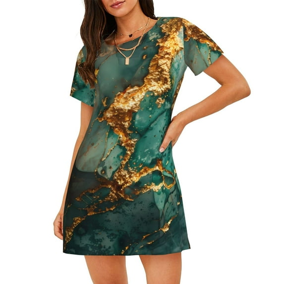 Haiem Emerald Color Gold Marble Print Women’s Short-sleeved Nightdress – Comfortable and Loose-Fit Sleepwear, Soft Cotton Sleep Shirt for Relaxing, Casual Nightdress
