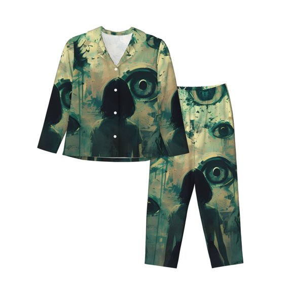Haiem Eyes Watching In The Dark Pattern Women’s Long-sleeve Sleepwear,Sleepwear Set,2-piece Loungewear Set,Soft PJs Comfy Nightwear with Pockets-Medium