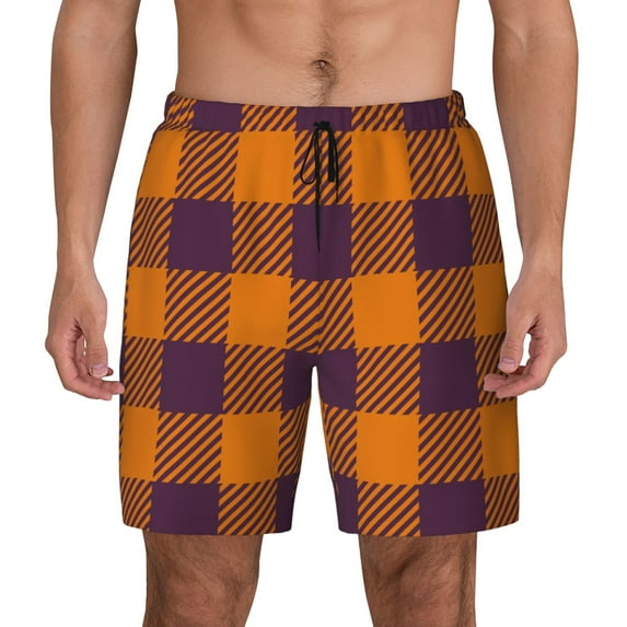 Haiem Fall Buffalo Plaid Mens Swim Trunks with Compression Liner 2 in 1 Swimming Shorts Stretch Swimwear Quick Dry,Board Shorts-XX-Large
