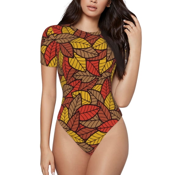 Haiem Fall Leaves Women's Crew Neck Short Sleeve Bodysuit Tops Stretchy Slim Basic-Large