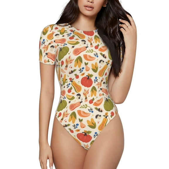 Haiem Fall Pumpkin Women's Crew Neck Short Sleeve Bodysuit Tops Stretchy Slim Basic-X-Large
