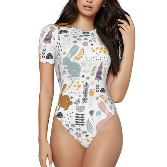 Haiem Fall Rabbit Women's Crew Neck Short Sleeve Bodysuit Tops Stretchy Slim Basic-Small