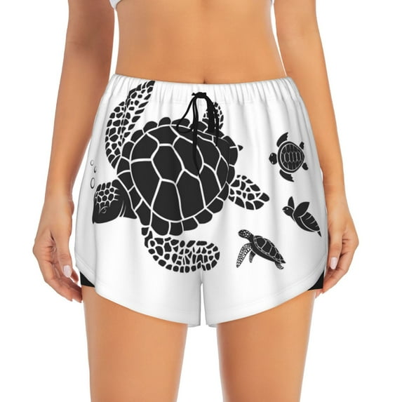 Haiem Family Of Sea Turtles Women's 2 in 1 Running Shorts - Lightweight Athletic Workout Gym Yoga Breathable Sports Shorts Liner with Phone Pockets-Small