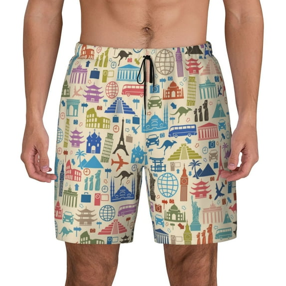 Haiem Famous Places Mens Swim Trunks with Compression Liner 2 in 1 Swimming Shorts Stretch Swimwear Quick Dry,Board Shorts-Small