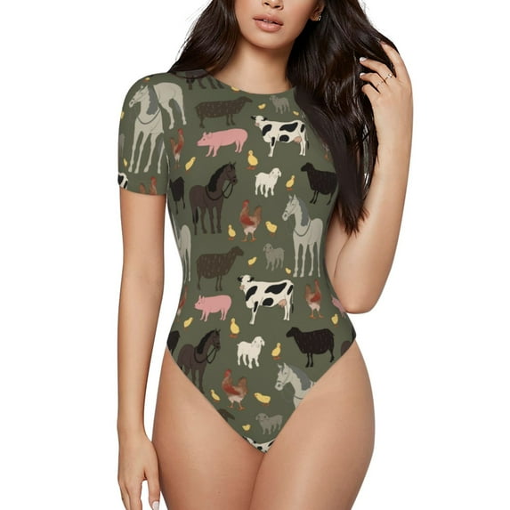 Haiem Farm Animals Women's Crew Neck Short Sleeve Bodysuit Tops Stretchy Slim Basic-Small