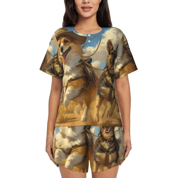 Haiem Farm Corgi German Shepherd Pattern Pajama Set for Women 2 Piece Lounge Set Short Sleeve Tops and Shorts Soft Sleepwear-XX-Large