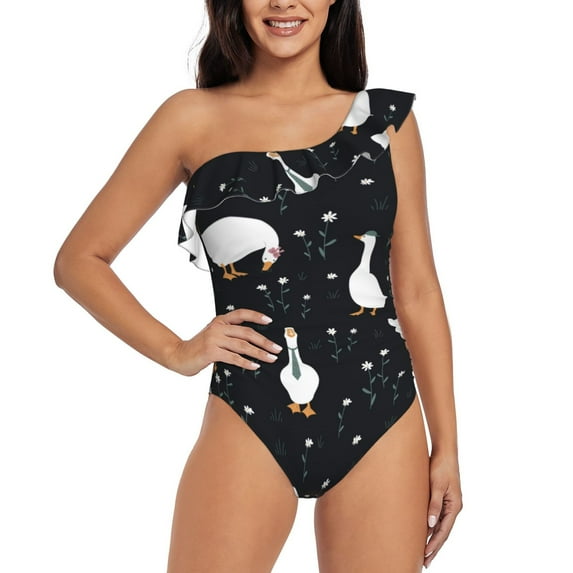 Haiem Fashionable Goose Women's One Piece Swimsuits Tummy Control One Shoulder Bathing Suits Ruffle Swimwear-Large