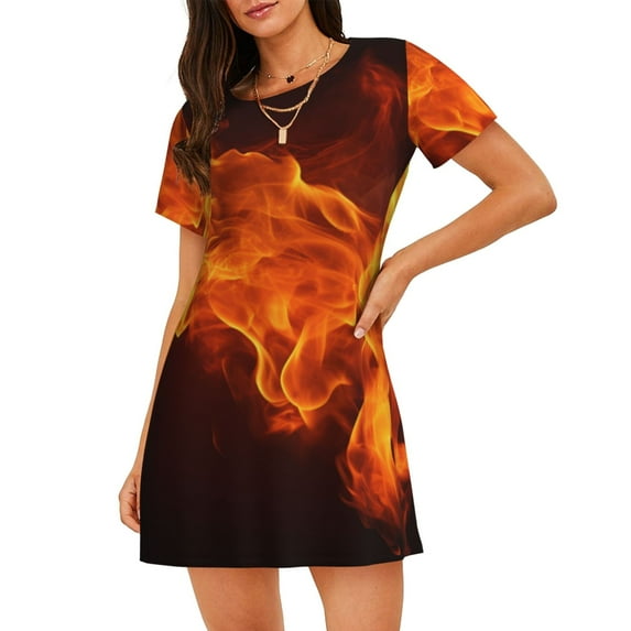 Haiem Fiery Orange Flames Energy Print Women’s Short-sleeved Nightdress – Comfortable and Loose-Fit Sleepwear, Soft Cotton Sleep Shirt for Relaxing, Casual Nightdress