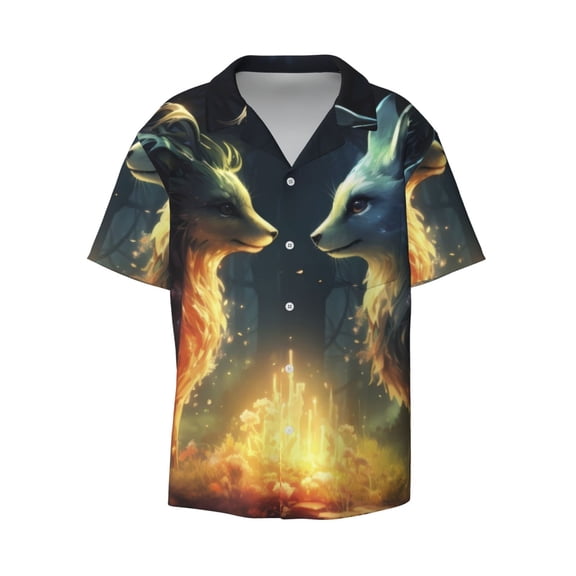 Haiem Firefly Forest Fox Men's Casual Shirts Short Sleeve Button Down Shirts Fashion Textured Summer Beach Shirt-3X-Large
