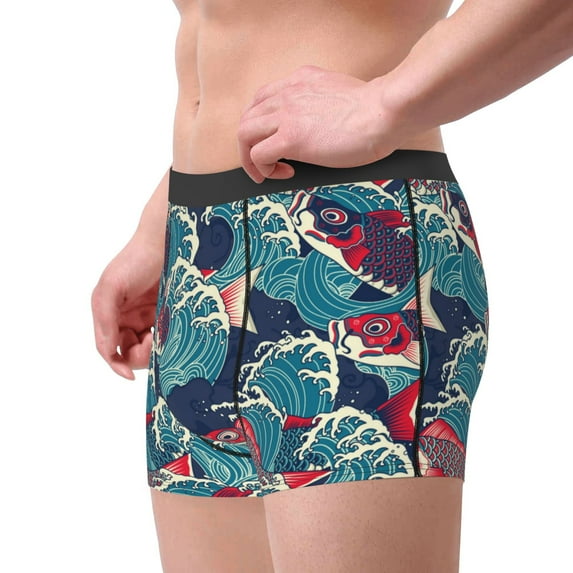 Haiem Fish In The Wave Men's Boxer Briefs, Every Day Comfort Stretch Cotton Moisture-Wicking Underwear-Small