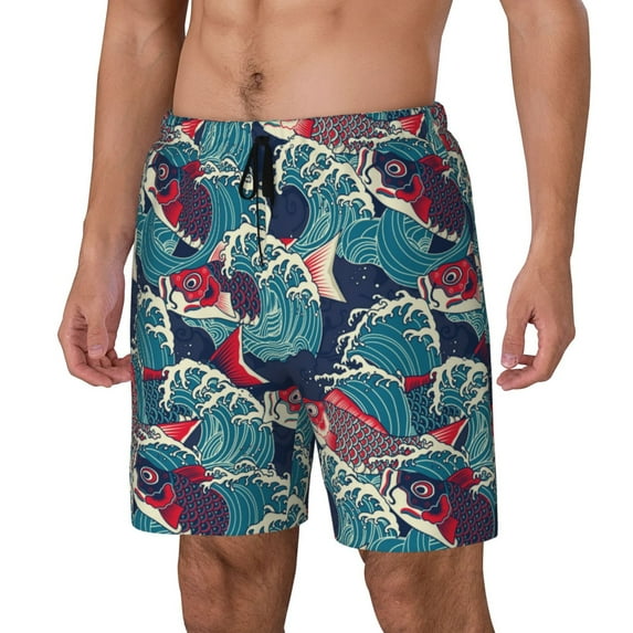 Haiem Fish In The Wave Mens Swim Trunks with Compression Liner 2 in 1 Swimming Shorts Stretch Swimwear Quick Dry,Board Shorts-X-Large