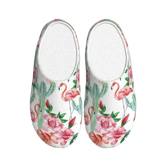Haiem Flamingo Flower Print Women's Fuzzy Memory Foam House Slipper Cozy Home Footwear Non-slip Winter Slippers-44/45