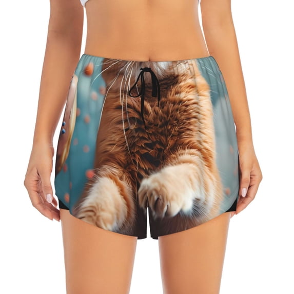 Haiem Floating Cat And Donuts Women's 2 in 1 Running Shorts - Lightweight Athletic Workout Gym Yoga Breathable Sports Shorts Liner with Phone Pockets-Small