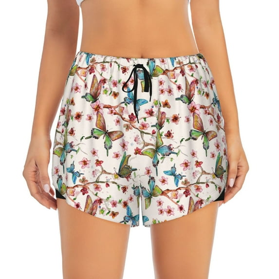 Haiem Floral With Butterflies Women's 2 in 1 Running Shorts - Lightweight Athletic Workout Gym Yoga Breathable Sports Shorts Liner with Phone Pockets-X-Large