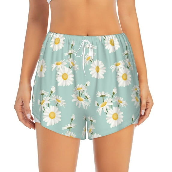 Haiem Floral Daisy Women's 2 in 1 Running Shorts - Lightweight Athletic Workout Gym Yoga Breathable Sports Shorts Liner with Phone Pockets-Medium