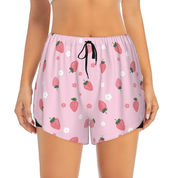 Haiem Floral Strawberr Women's 2 in 1 Running Shorts - Lightweight Athletic Workout Gym Yoga Breathable Sports Shorts Liner with Phone Pockets-Large
