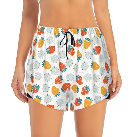 Haiem Floral Strawberr Women's 2 in 1 Running Shorts - Lightweight Athletic Workout Gym Yoga Breathable Sports Shorts Liner with Phone Pockets-Small