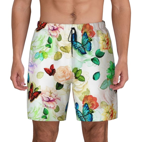 Haiem Floral Vintage Mens Swim Trunks with Compression Liner 2 in 1 Swimming Shorts Stretch Swimwear Quick Dry,Board Shorts-Medium