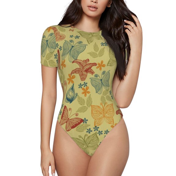 Haiem Floral with Butterflies Women's Crew Neck Short Sleeve Bodysuit Tops Stretchy Slim Basic-Small