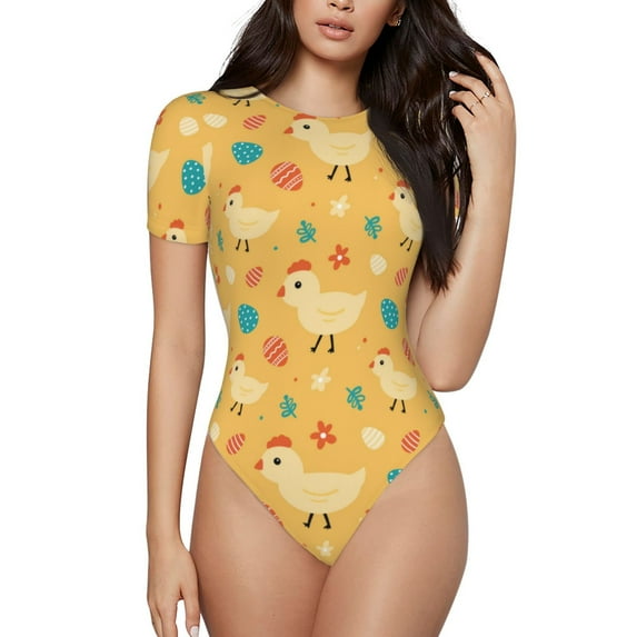 Haiem Flowe Chicken Women's Crew Neck Short Sleeve Bodysuit Tops Stretchy Slim Basic-Large